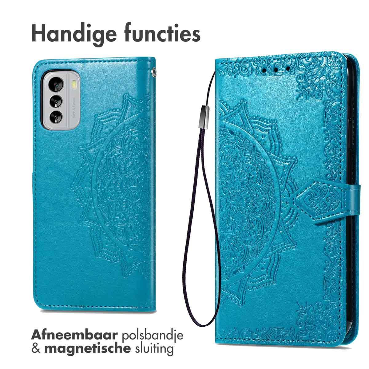 Blauwgroene telefoonhoes, open en toont telefoon en kaartsleuven. Tekst: Afneembare polsband & magnetische sluiting.