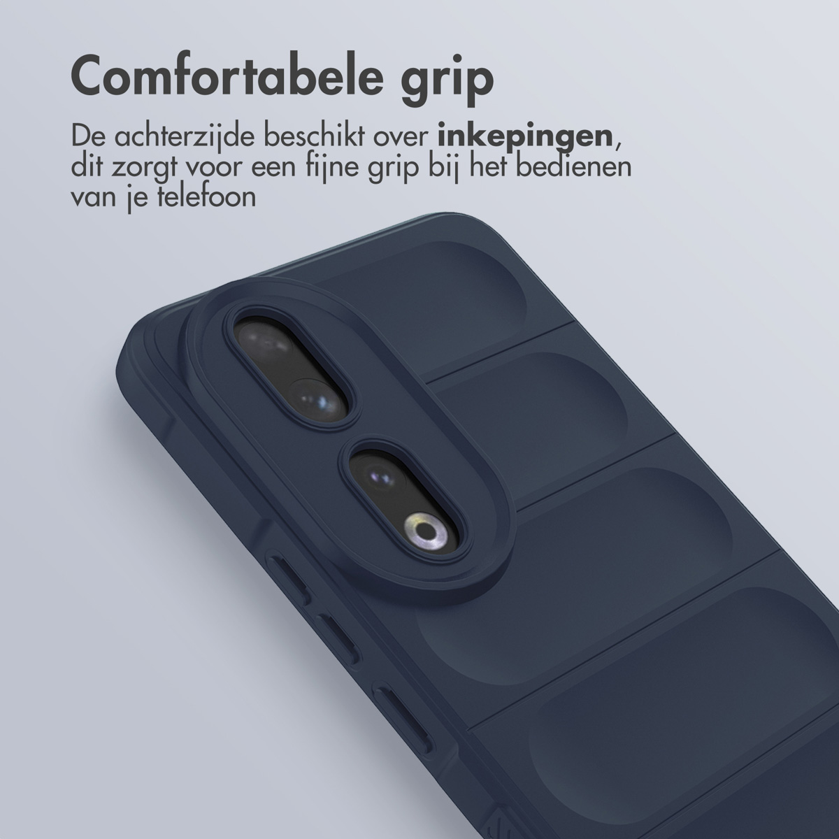 Coque de téléphone bleu marine avec un gros plan de la caméra. Texte : Comfortabele grip.