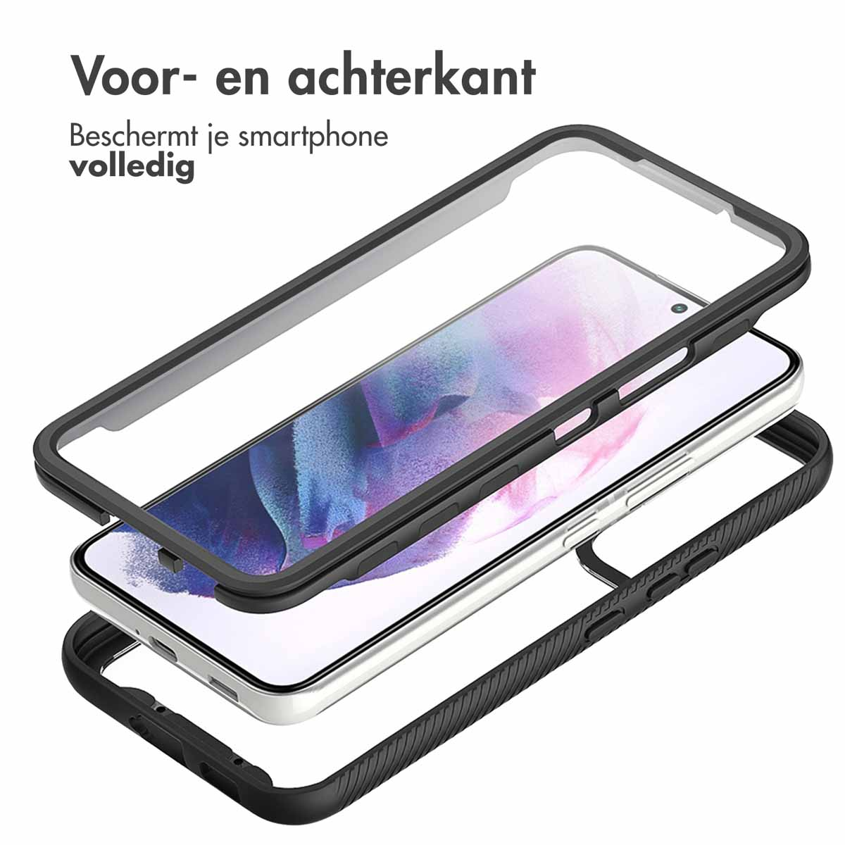 Telefoon in lagen van een telefoonhoesje, op een witte achtergrond.