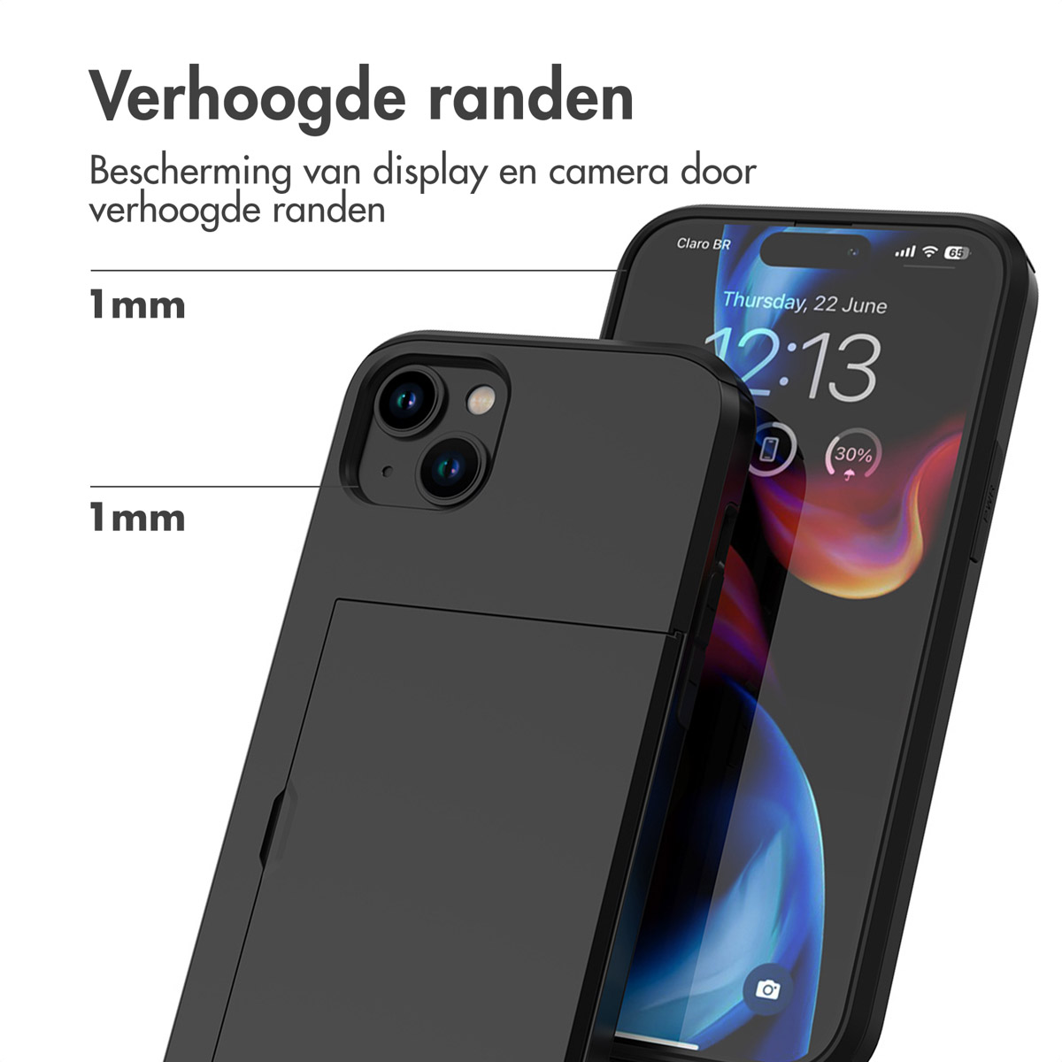 Zwarte telefoonhoes met verhoogde randen. Telefoon met scherm aan. Tekst op scherm: '12:13'.