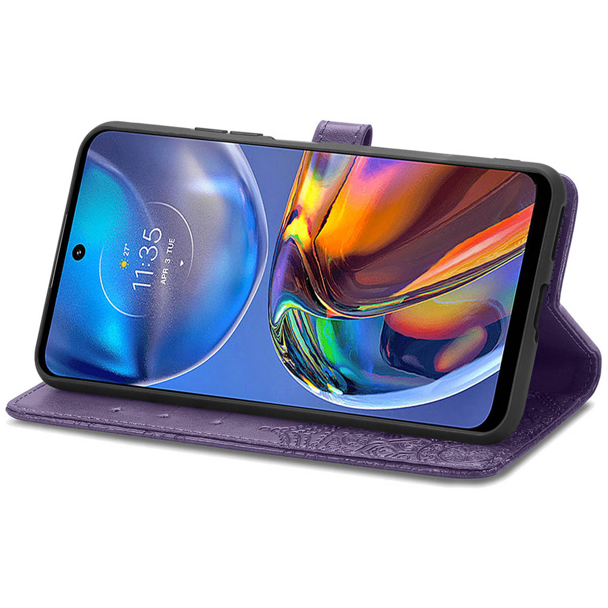 Un téléphone dans un étui violet, ouvert, montrant l'écran, avec du texte sur le téléphone.
