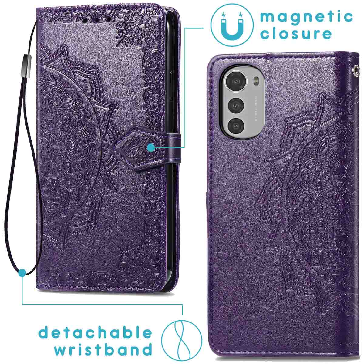 Étui de téléphone violet avec motif mandala, fermeture magnétique et dragonne amovible. L'étui est ouvert, montrant le téléphone.