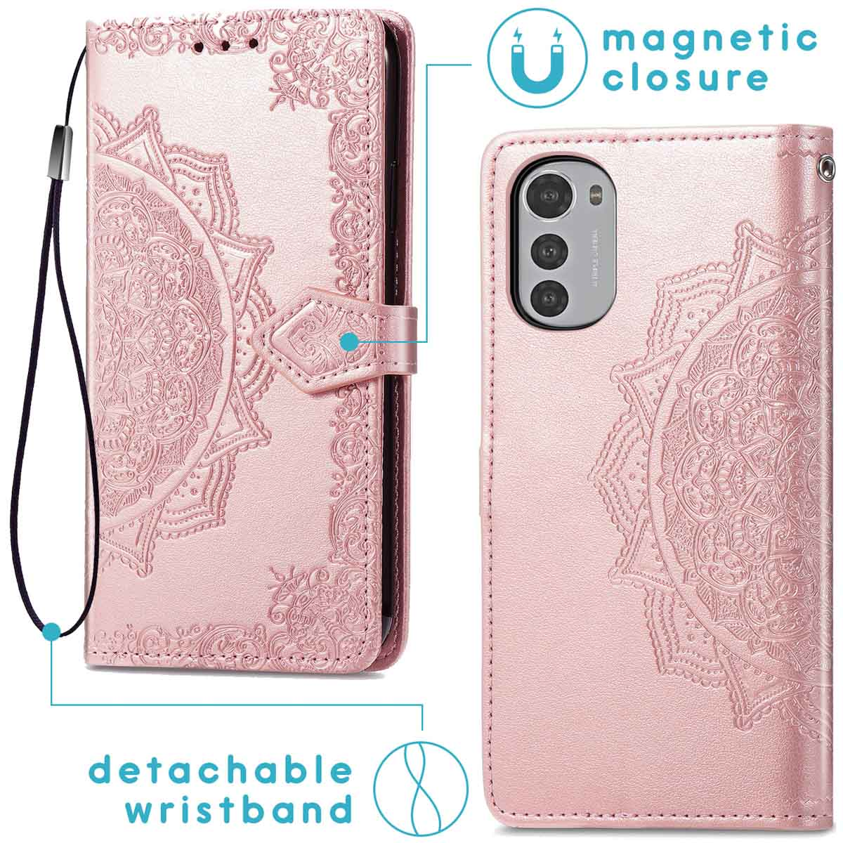 Roze leren telefoonhoes met een afneembare polsband en magnetische sluiting, met een sierlijk ontwerp.