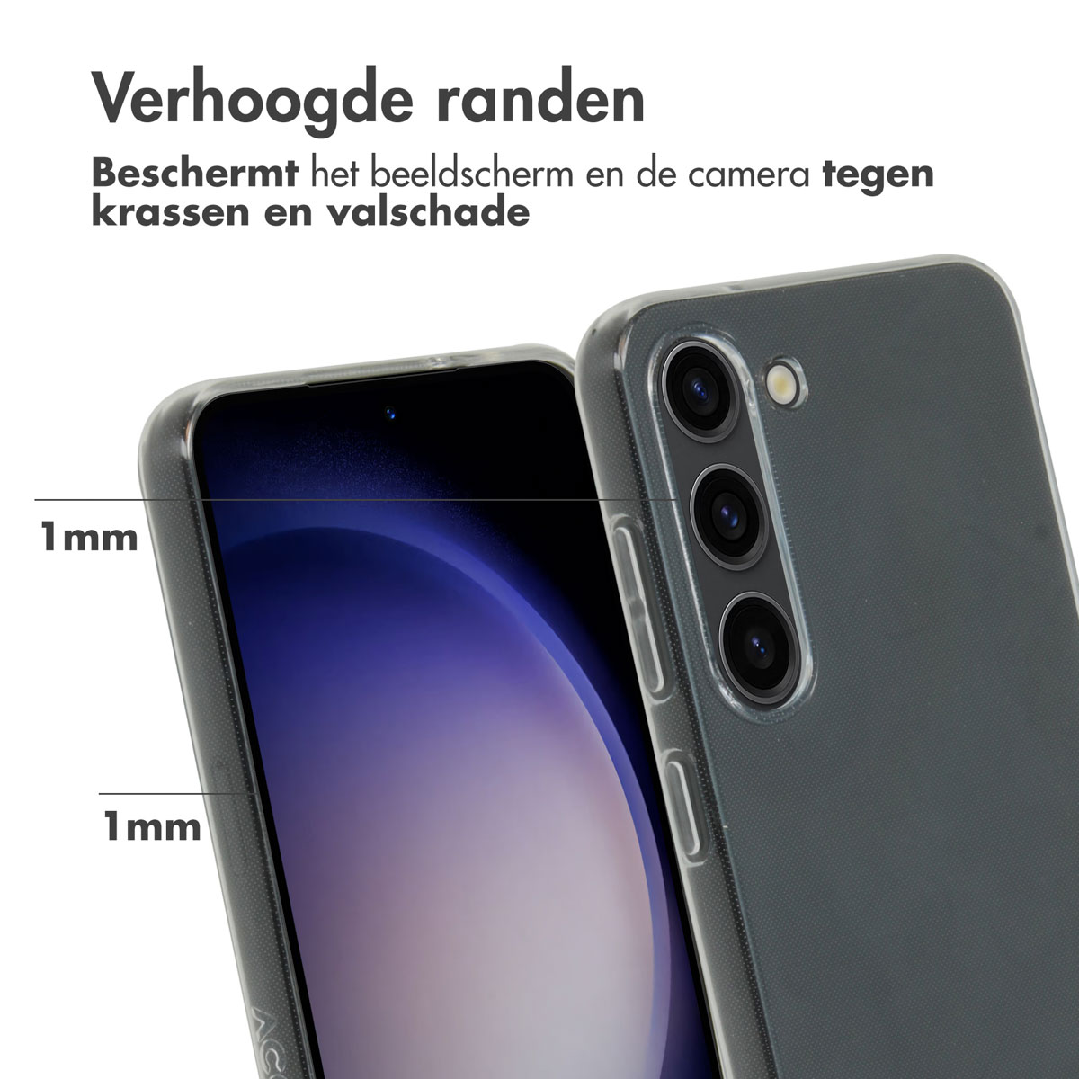 La custodia protegge schermo e fotocamera. Bordi rialzati di 1 mm. Custodia grigia con schermo del telefono visibile.