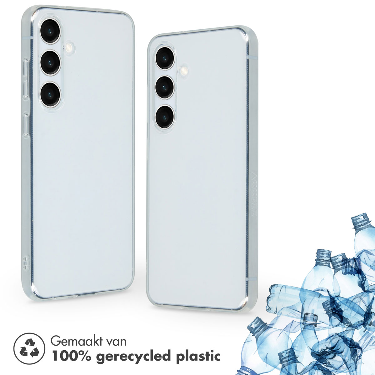Due telefoni con custodie trasparenti e un mucchio di bottiglie di plastica blu. Testo: 100% gerecycled plastic.