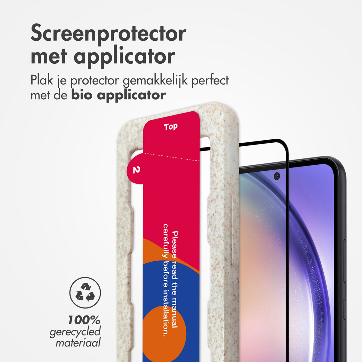 Telefoonschermbeschermer met applicator. Telefoon in hoes, rode tab, instructies.