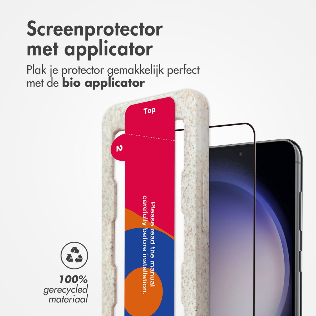 Protecteur d'écran avec applicateur. Un téléphone est sous un protecteur d'écran avec des instructions.
