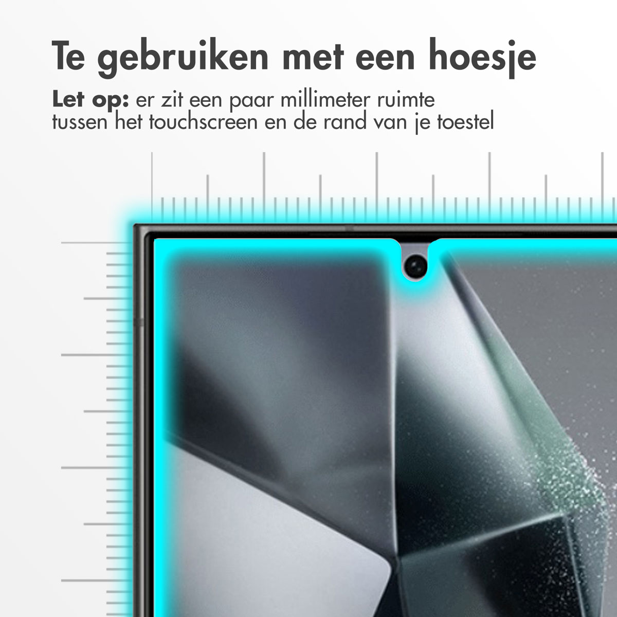 Schermbeschermer wordt gebruikt met een telefoon. Blauwe omtrek toont schermrand.