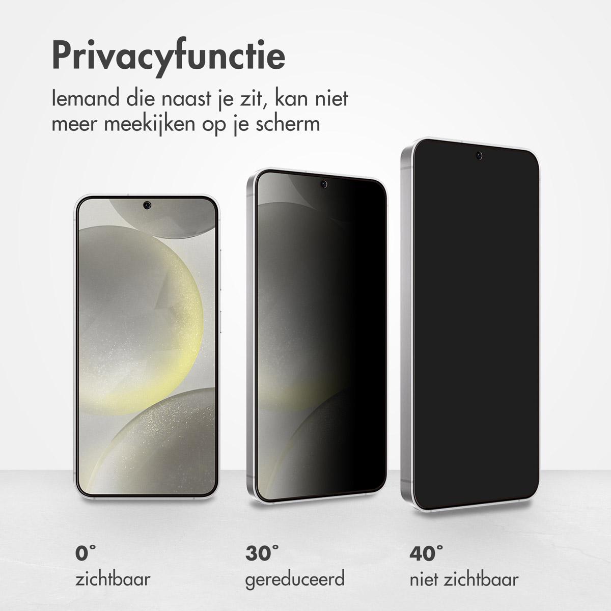 Trois téléphones affichant la fonction d'écran de confidentialité. Chaque écran affiche différents niveaux de visibilité.