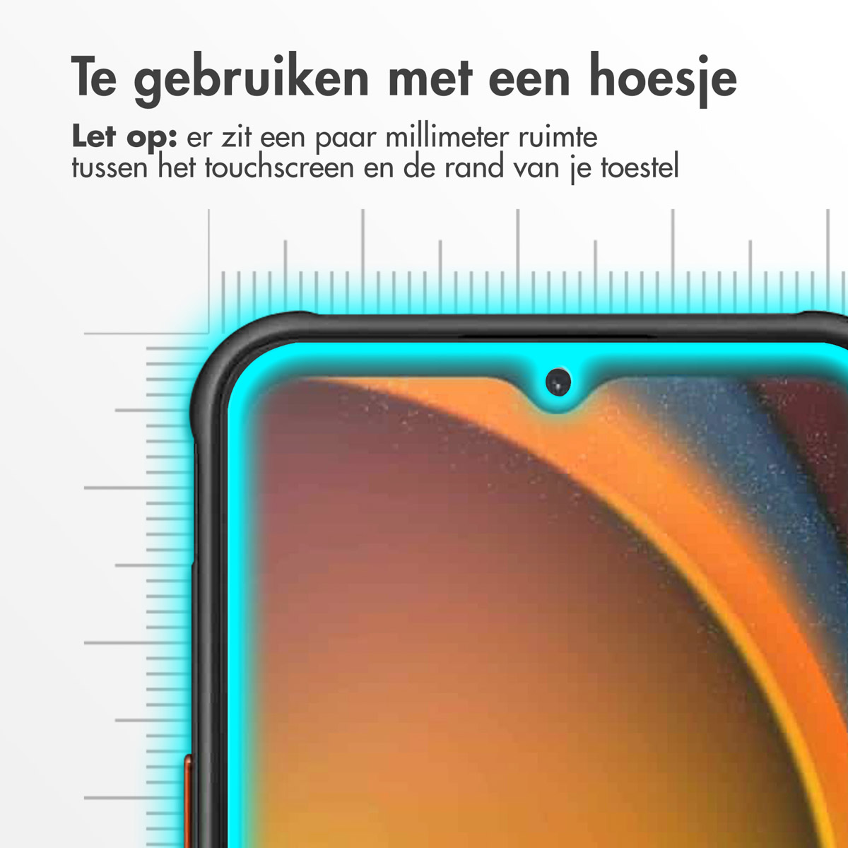 Telefoonschermbeschermer. Tekst: Te gebruiken met een hoesje. Let op: er zit een paar millimeter ruimte tussen scherm en rand.
