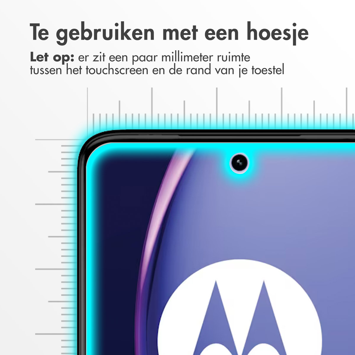 Phone screen protector with blue outline, a ruler, and a phone screen. There's a gap between the screen and the edge.