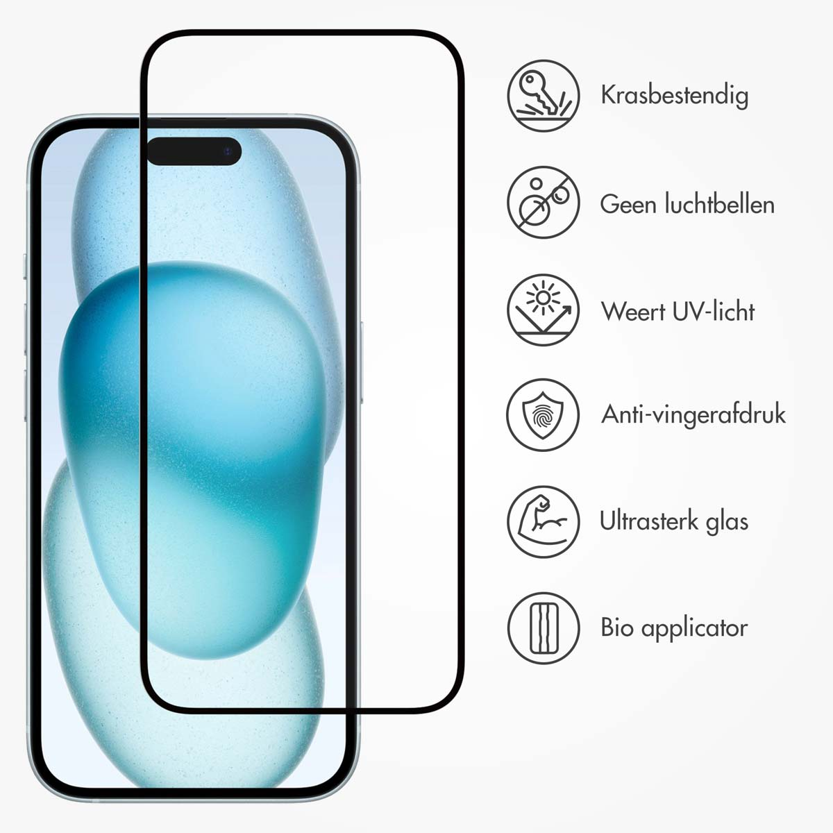 Een heldere schermbeschermer met iconen voor krasbestendig, bubbelvrij en UV-bescherming.