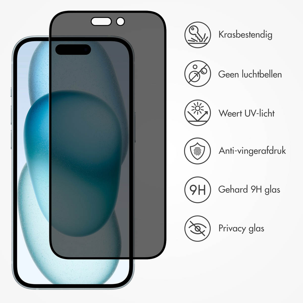 Téléphone avec protecteur d'écran de confidentialité. Icônes montrent les fonctionnalités : résistant aux rayures, pas de bulles.
