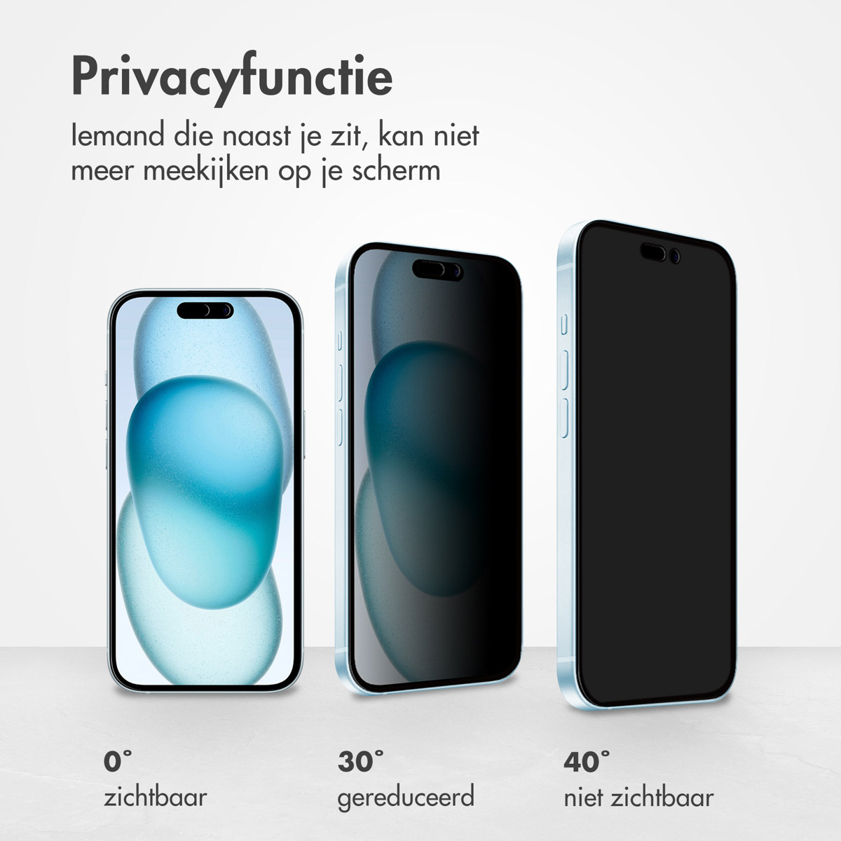 Trois téléphones avec des écrans de confidentialité, montrant différents niveaux de visibilité. Texte : Privacyfunctie.