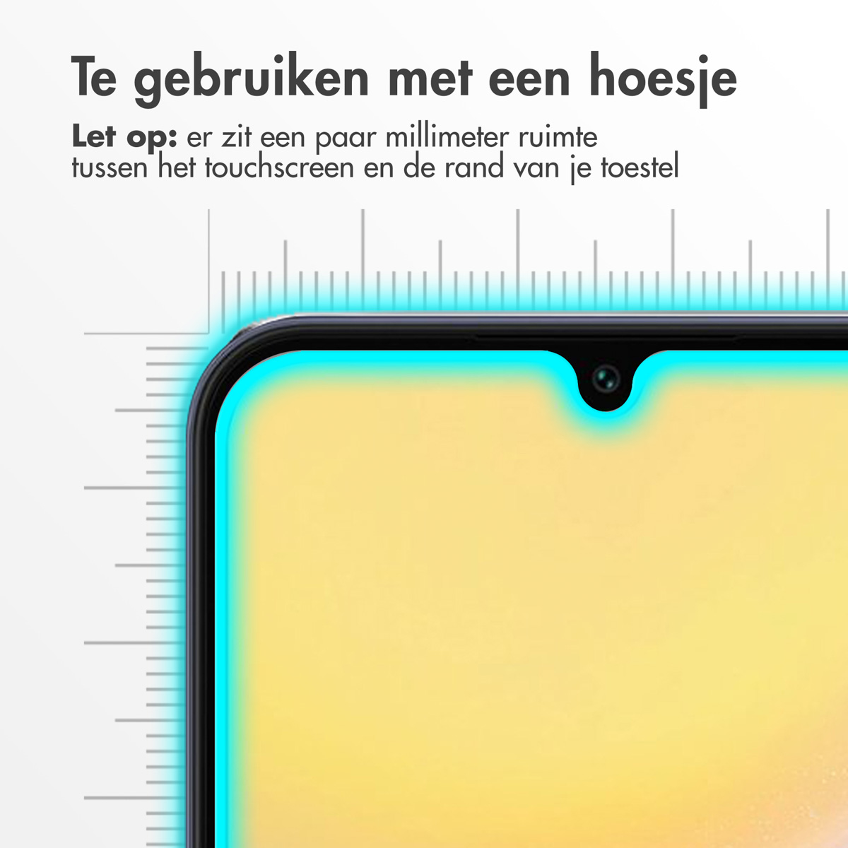 Telefoonschermbeschermer. Tekst: Te gebruiken met een hoesje. Let op: er zit een paar millimeter ruimte tussen scherm en rand.