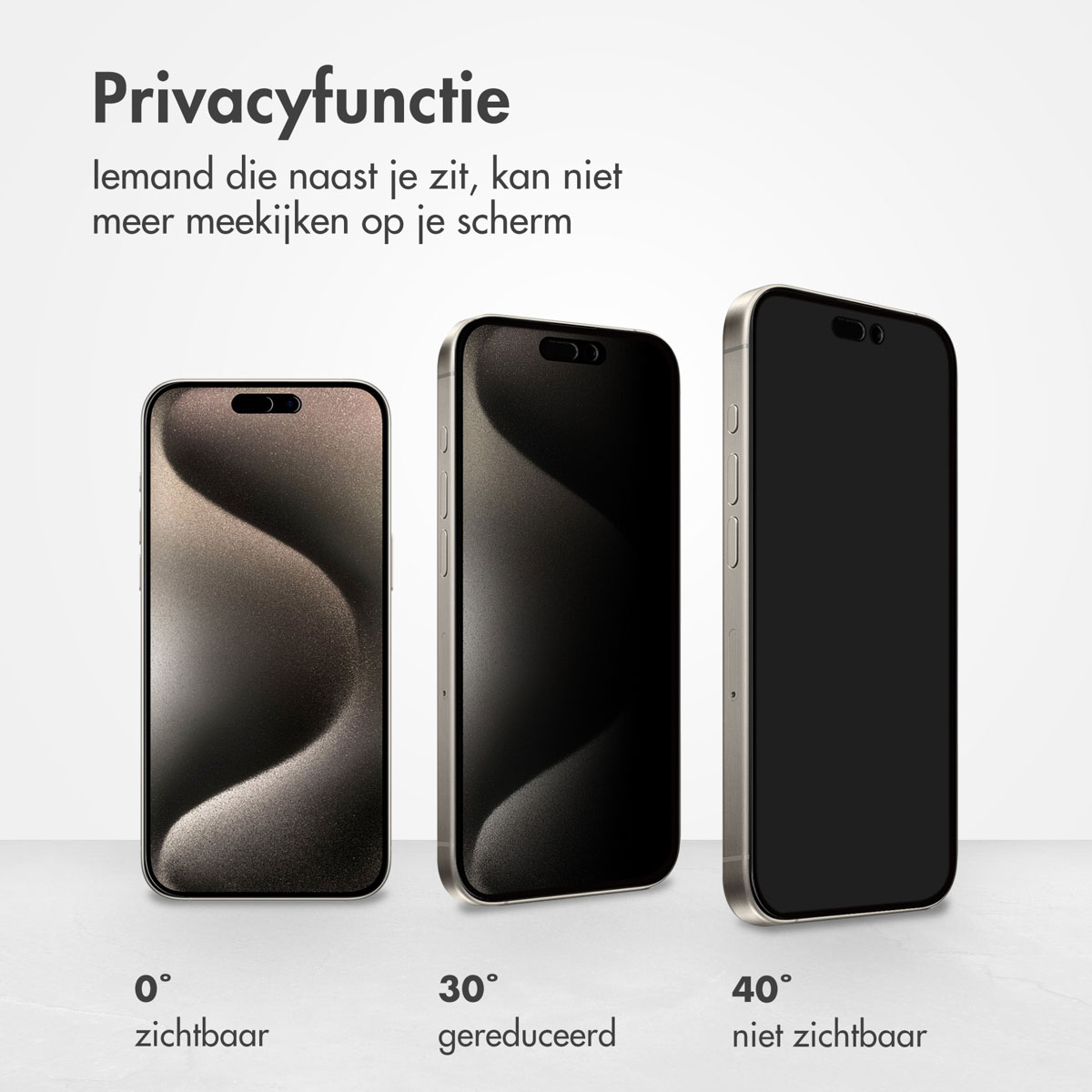 Drie telefoons die de privacyfunctie tonen. Variërende zichtbaarheid: 0°, 30° verminderd, 40° niet zichtbaar.