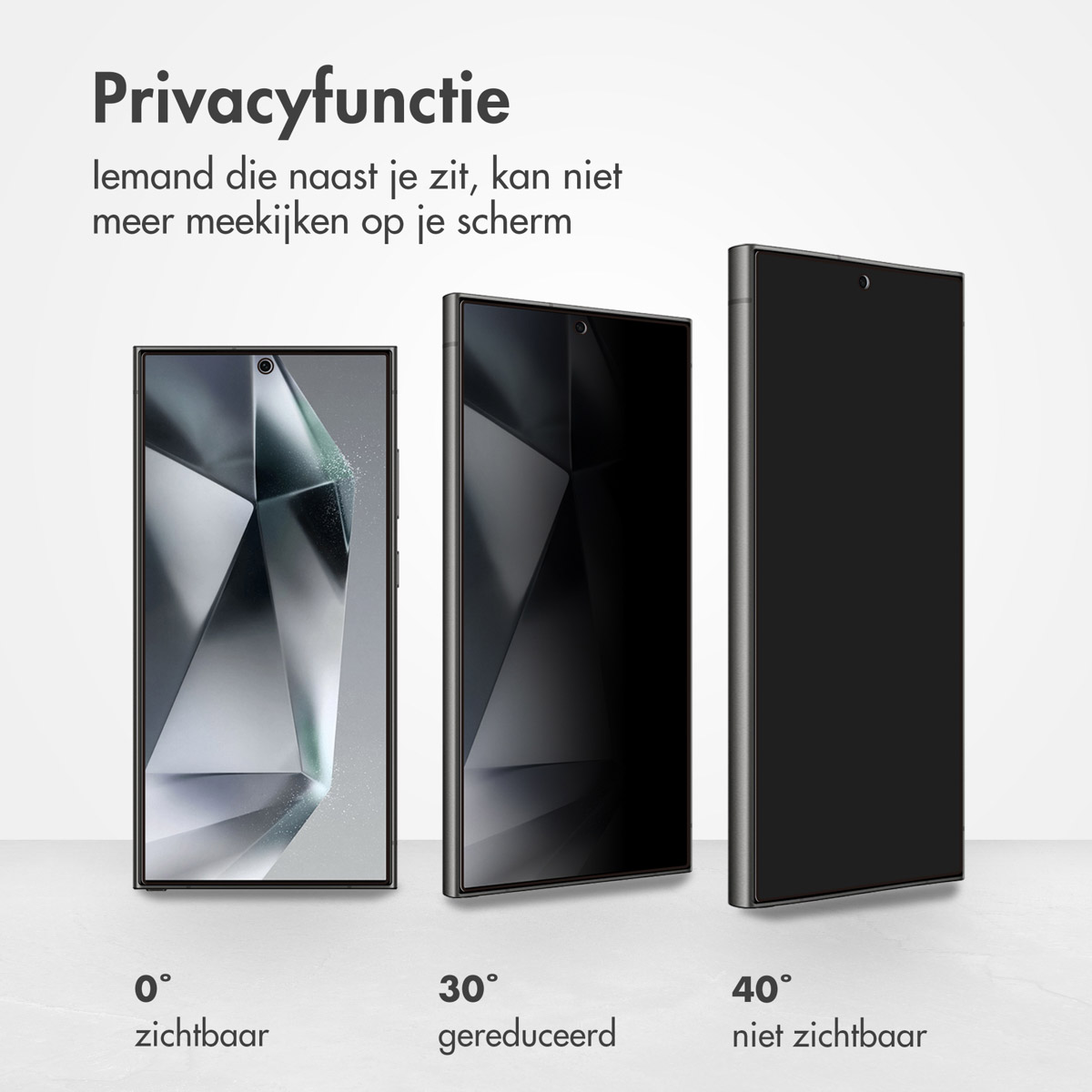 Drie telefoons in verschillende hoeken met privacy-schermen. 0 graden zichtbaar, 30 verminderd, 40 niet zichtbaar.