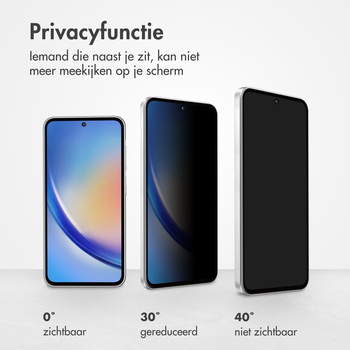 Trois téléphones, montrant la visibilité à différents angles : 0, 30 et 40 degrés.