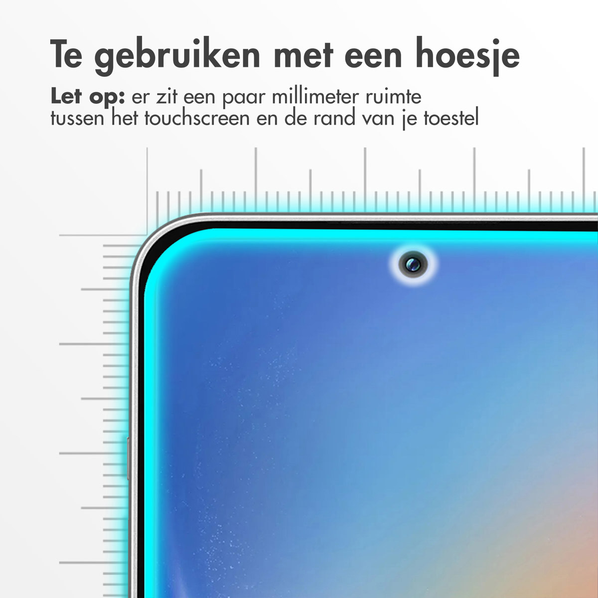 Gros plan d'un protecteur d'écran sur un téléphone, avec des mesures.