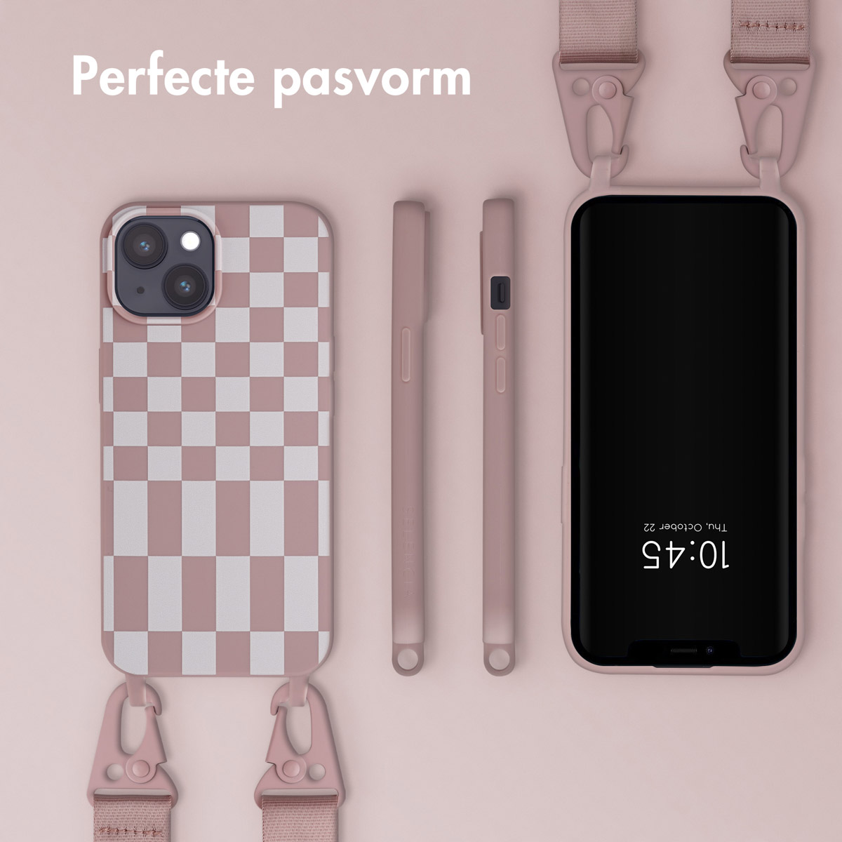 Coque à carreaux rose avec sangle, montrée avec un téléphone et accessoires.