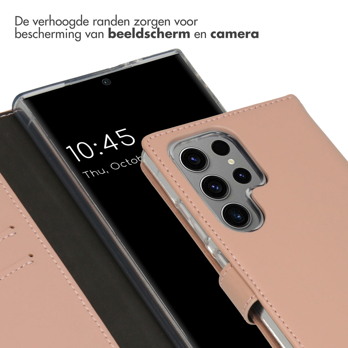 Telefon in einer rosa lederartigen Hülle. Die Hülle ist geöffnet und zeigt den Telefonbildschirm. Die Kamera ist sichtbar.