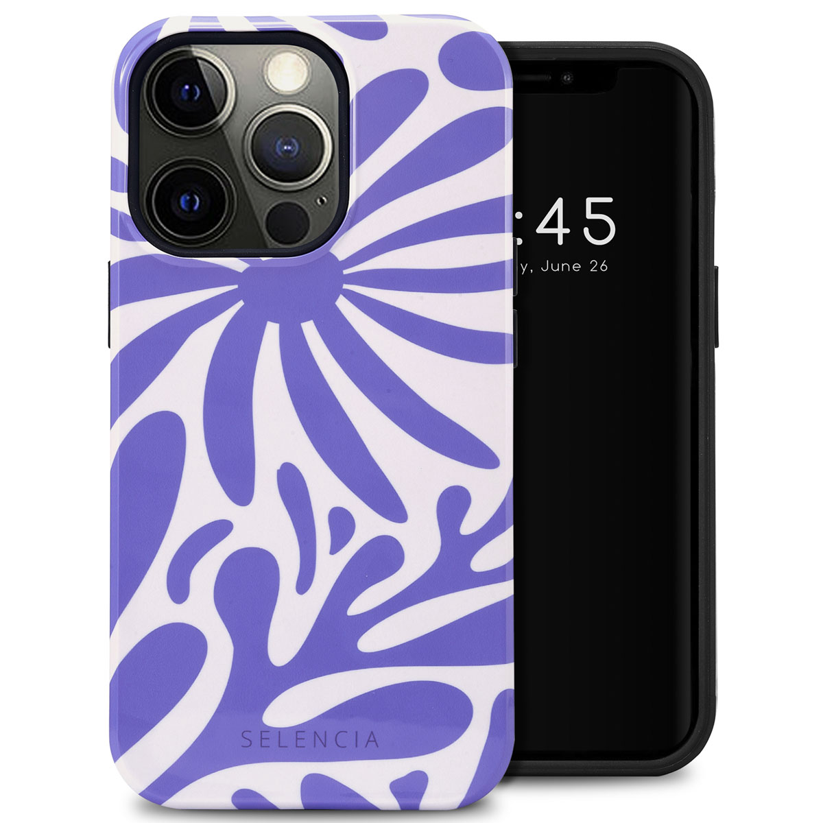 Telefoonhoesje met paars en wit bloemmotief, telefoon met tijdweergave. Het woord Selencia wordt getoond.