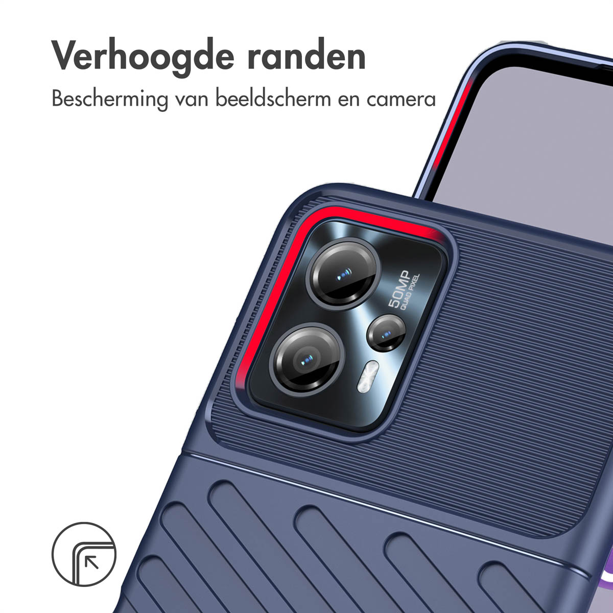 Coque de téléphone bleue avec bords surélevés, protégeant l'écran et l'appareil photo. Anneau rouge autour de la zone de l'appareil photo.