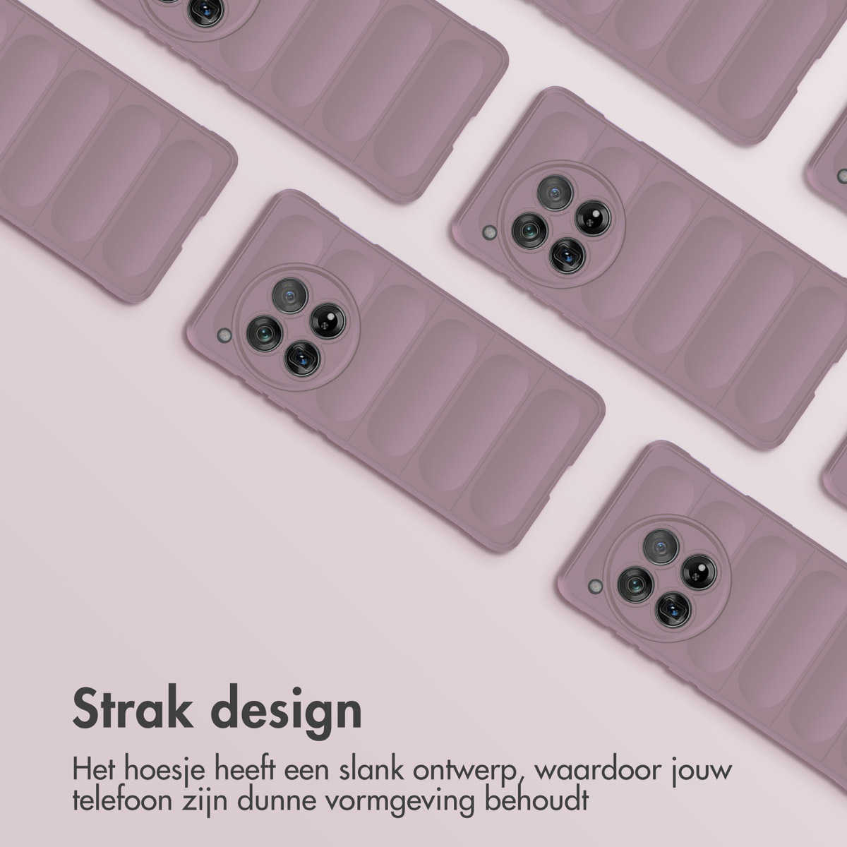 Custodie malva con design rettangolare sparse su superficie rosa. Testo 'Strak design' in basso.