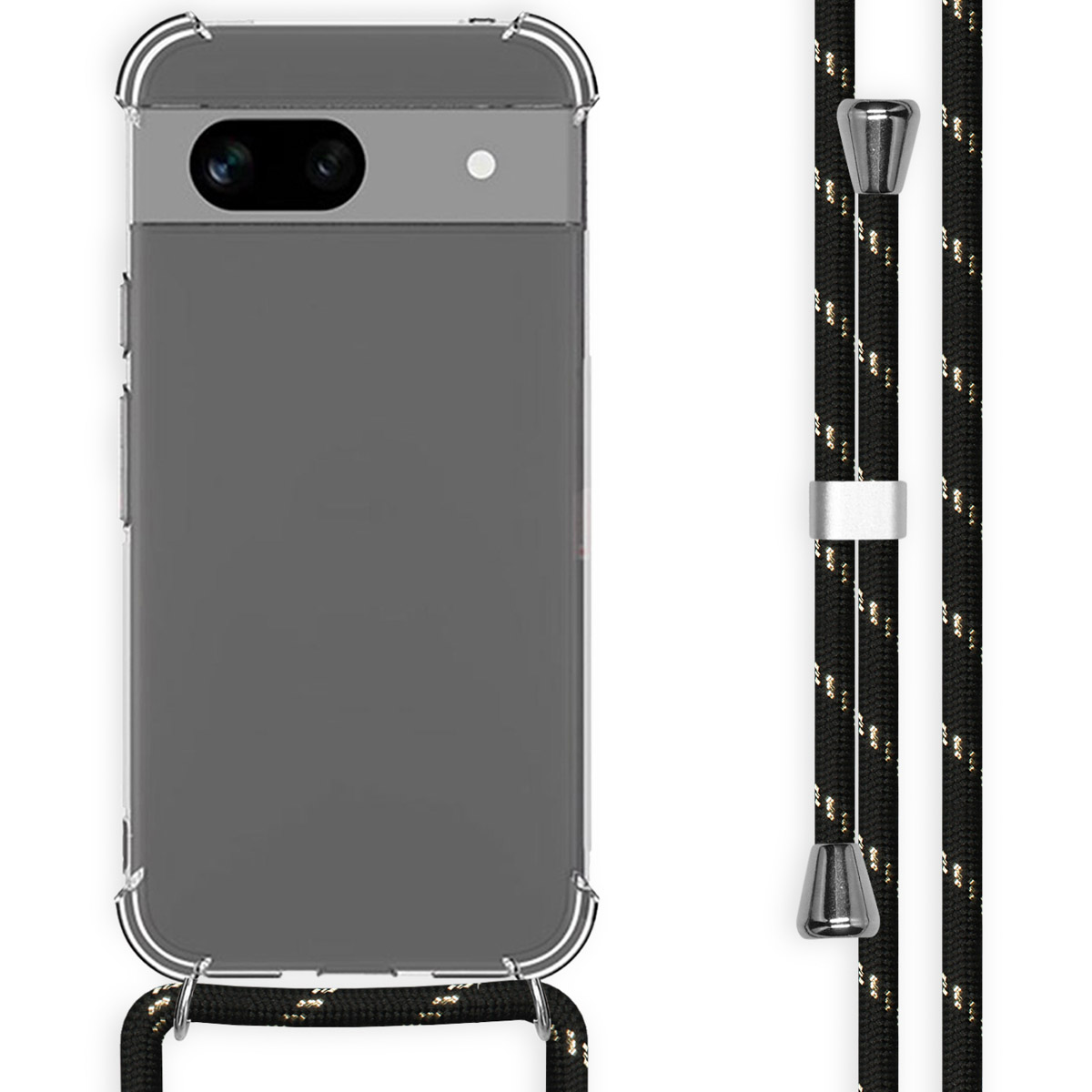 Coque de téléphone transparente avec une sangle en corde noire. La coque a un appareil photo et un cordon noir.