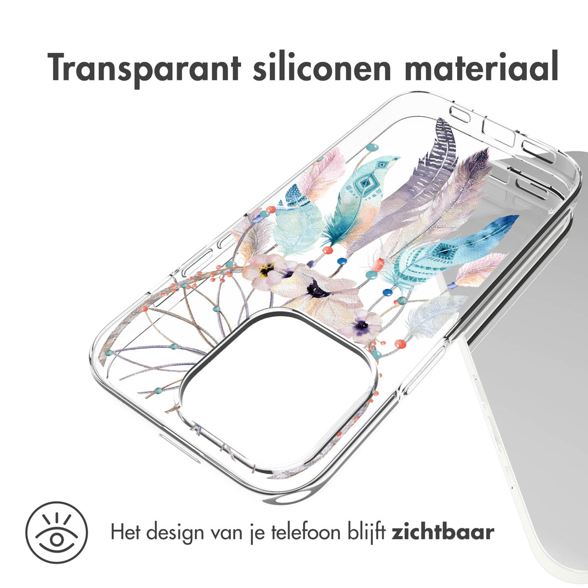 Custodia trasparente con design di piume. Telefono visibile. Testo: il design rimane visibile.