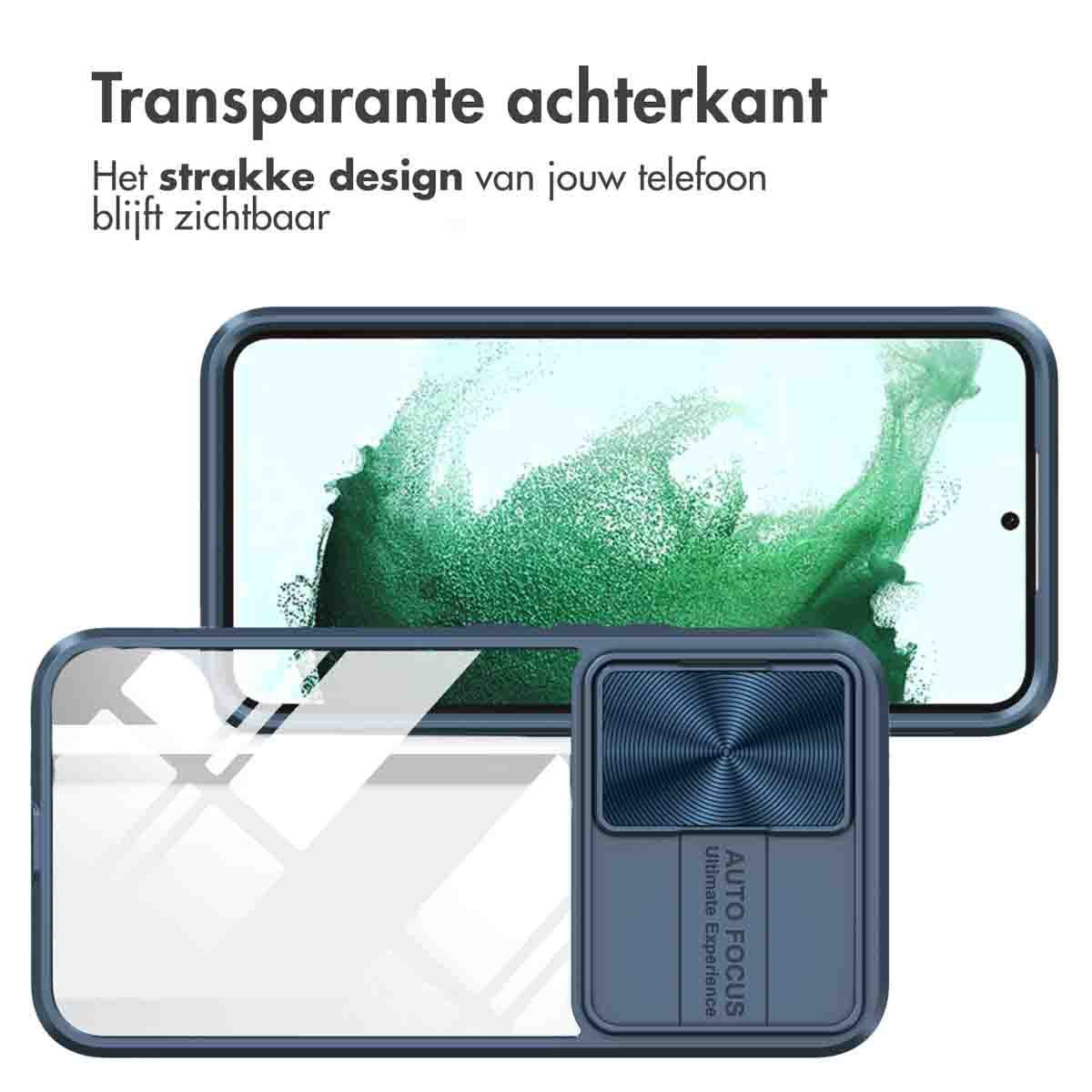 Coque de téléphone bleue avec dos transparent, montrant un téléphone. Couverture de caméra.