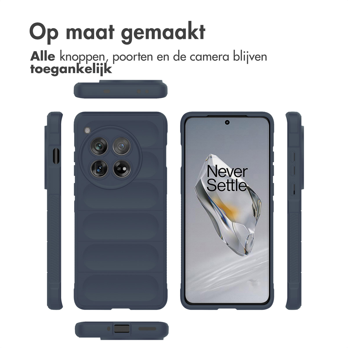 Custodia blu navy per telefono con telefono. Diverse angolazioni mostrano il design e l'accesso a porte e pulsanti.