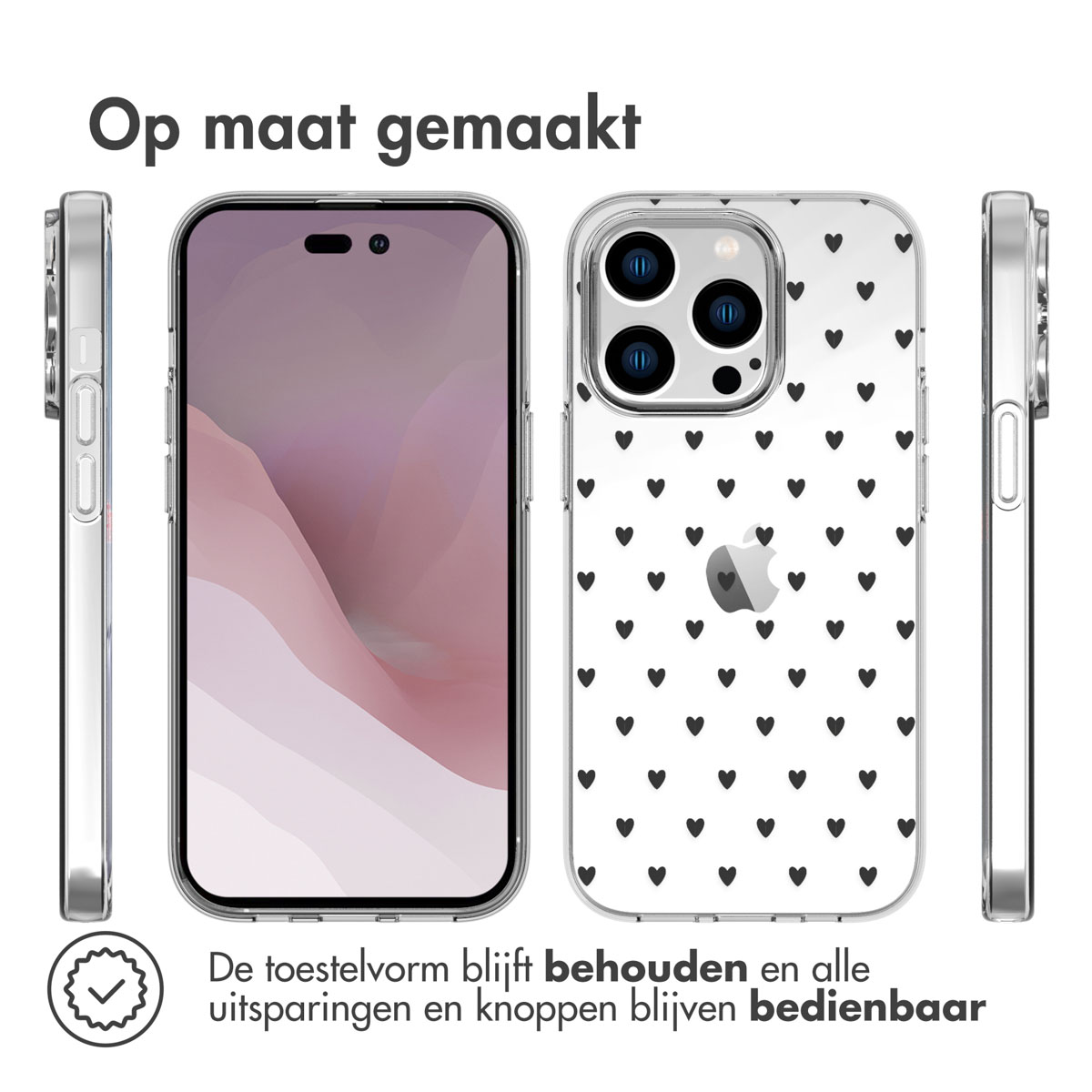 Telefono con custodia a cuori neri. Tre viste del telefono. Testo: fatto su misura.