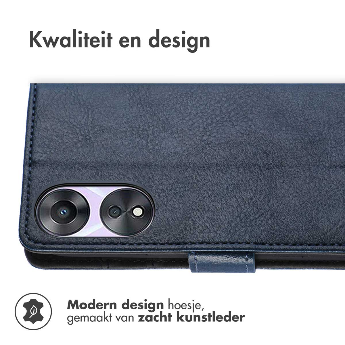 Étui de téléphone en cuir bleu. Le téléphone a des objectifs photo doubles.