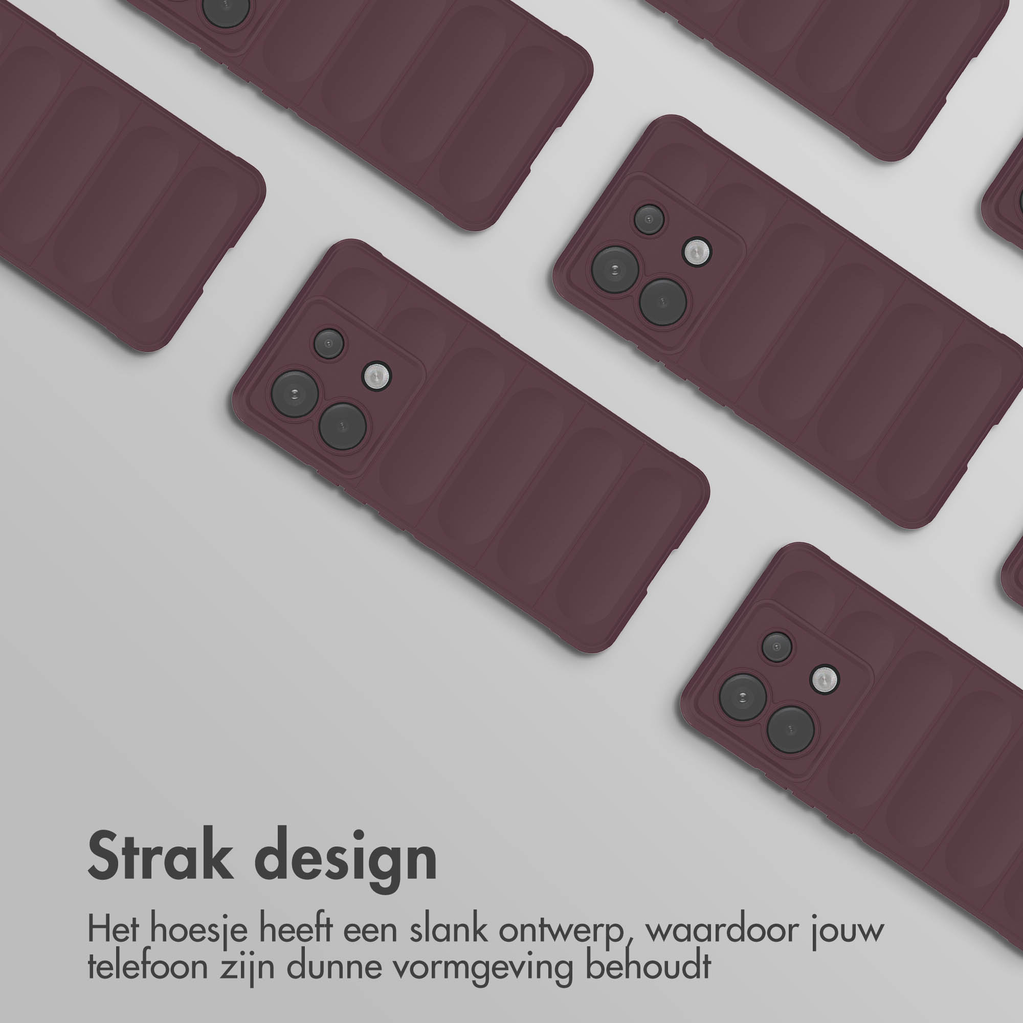 Meerdere bordeaux telefoonhoesjes op een lichtgrijze ondergrond, tonen het ontwerp van de telefoon.