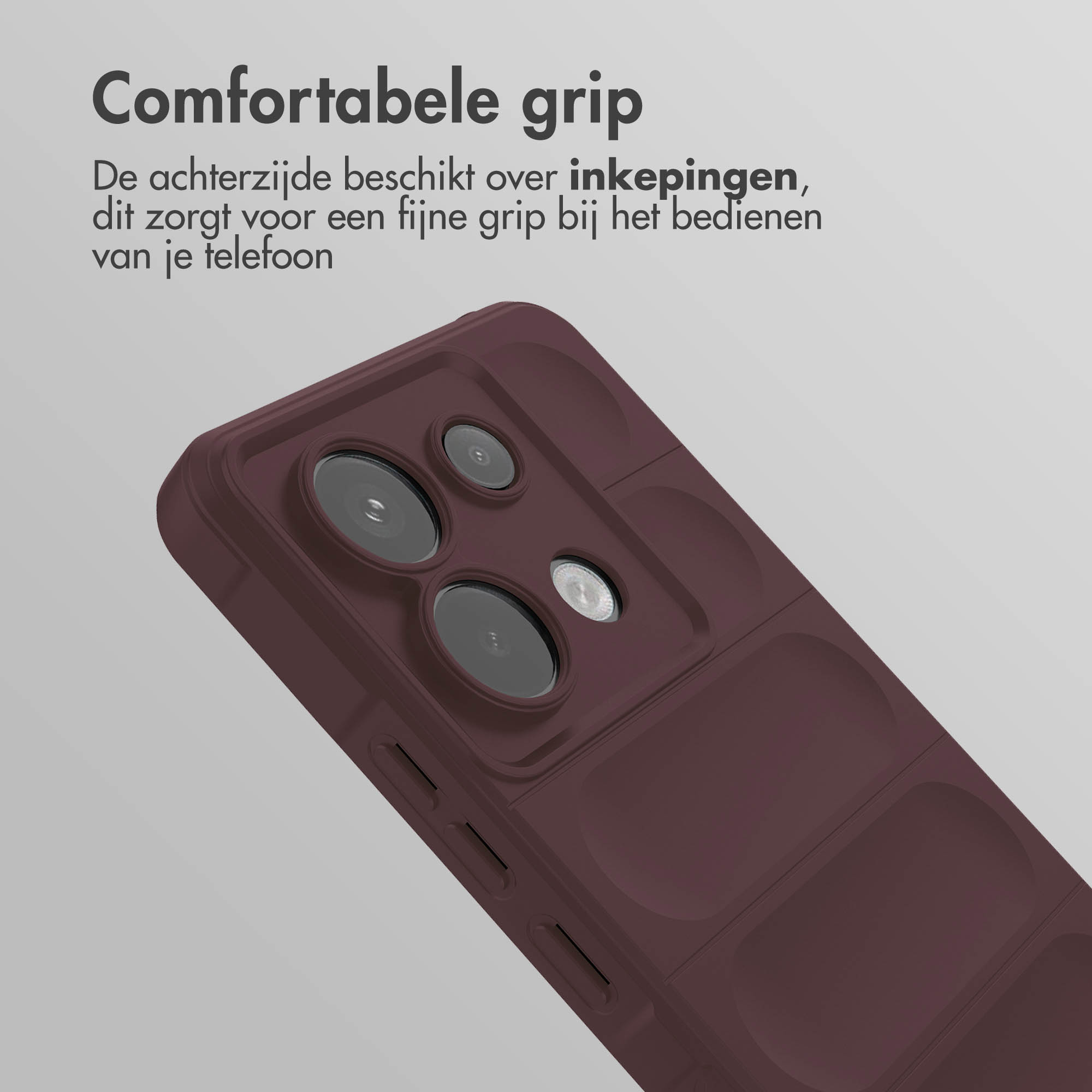 Close-up van een bordeauxrode telefoonhoes met een textuurontwerp. Tekst bovenaan: Comfortabele grip.