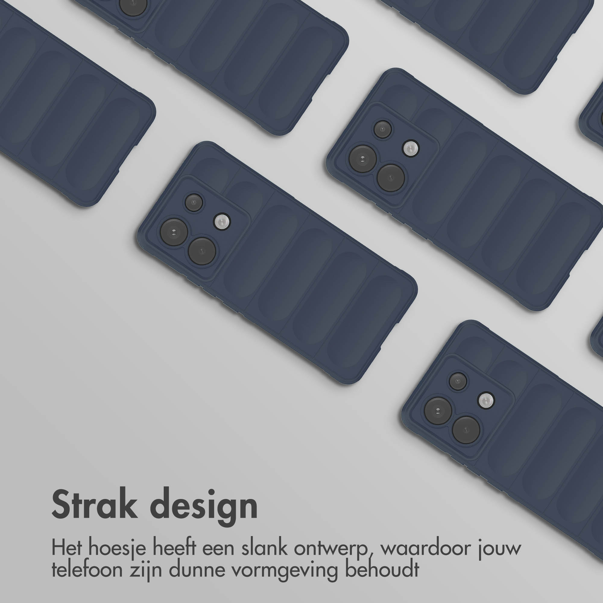 Meerdere marineblauwe telefoonhoesjes diagonaal gerangschikt. Tekst onderaan: Strak design.