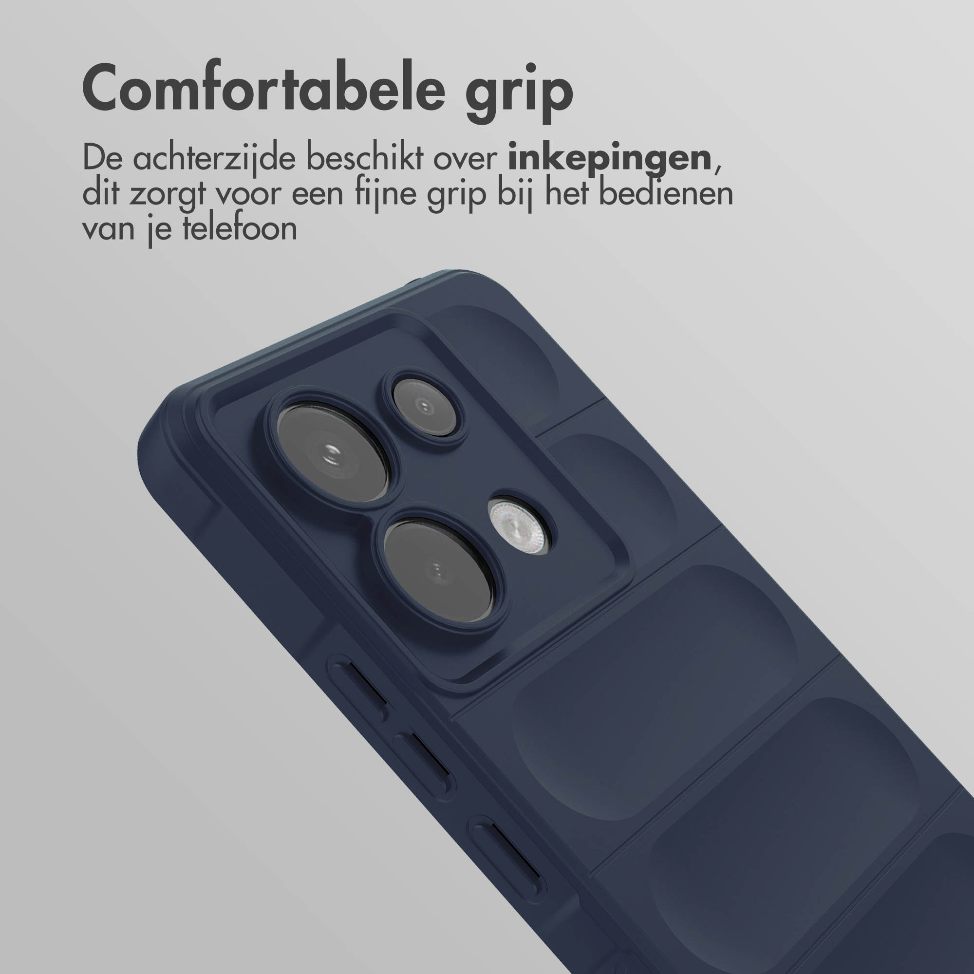 Donkerblauwe telefoonhoes met getextureerde achterkant en camera-uitsparingen. Grijze achtergrond.
