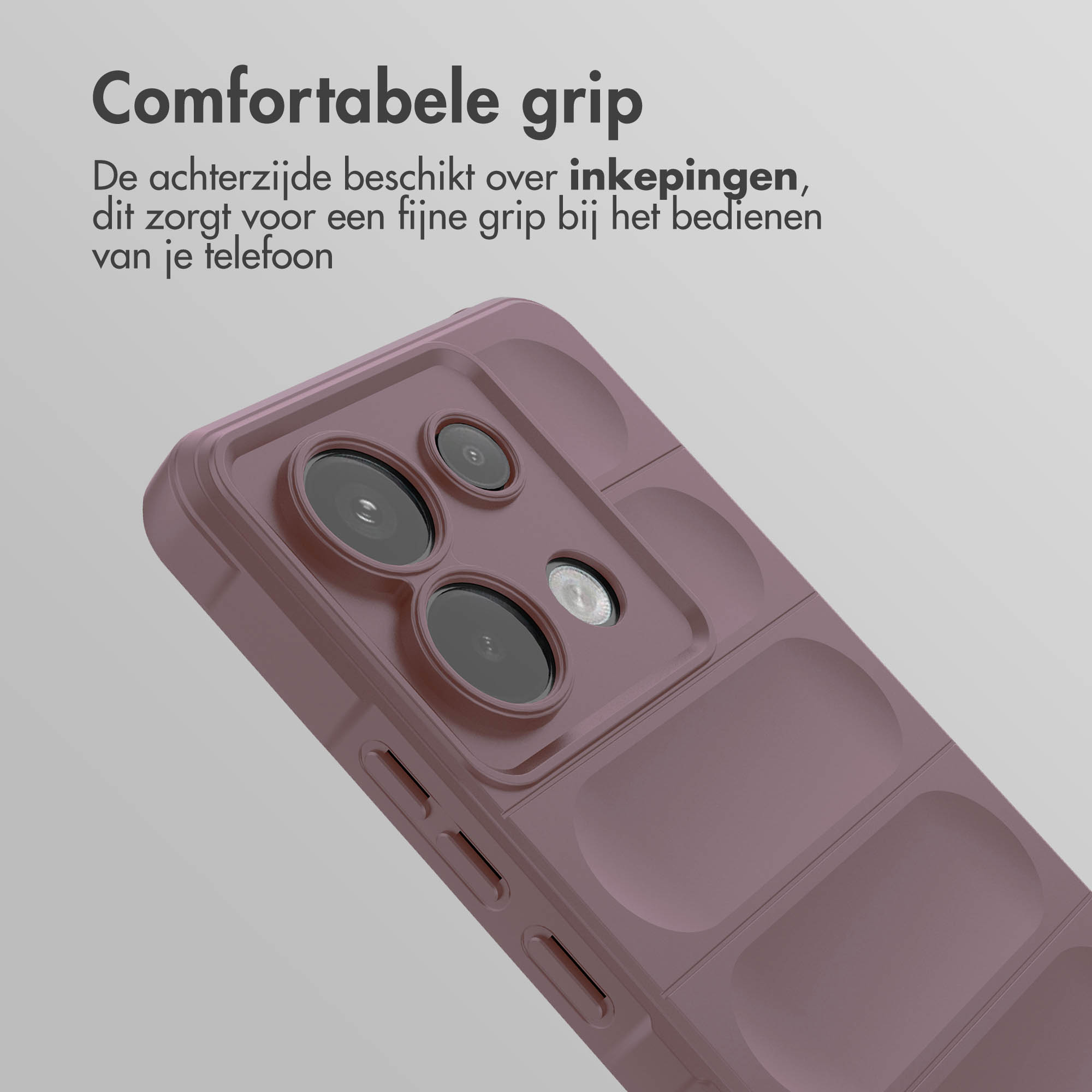 Bordeauxrode telefoonhoes, close-up van de camera. Text: Comfortabele grip.
