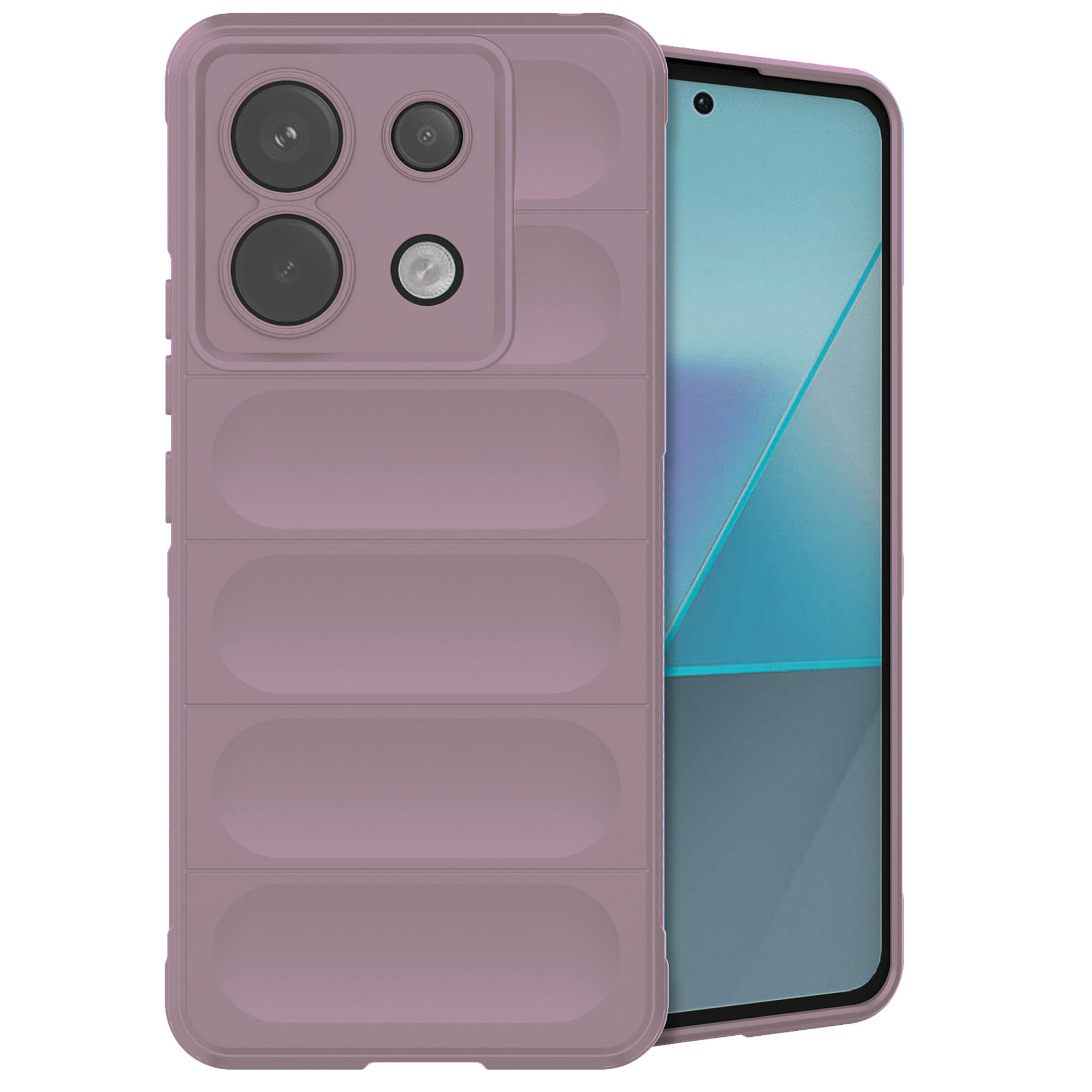 Paarse telefoonhoes met camera-uitsparingen en een telefoon. Witte achtergrond.