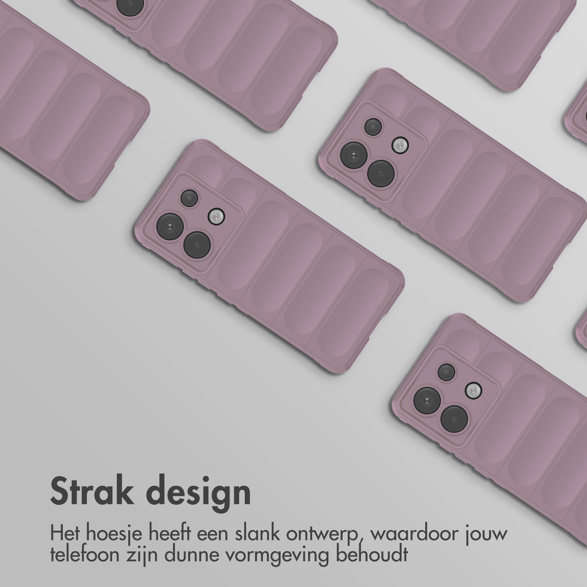 Meerdere mauve telefoonhoesjes. Elke hoes heeft een eenvoudig ontwerp. Ze staan op een grijze achtergrond.