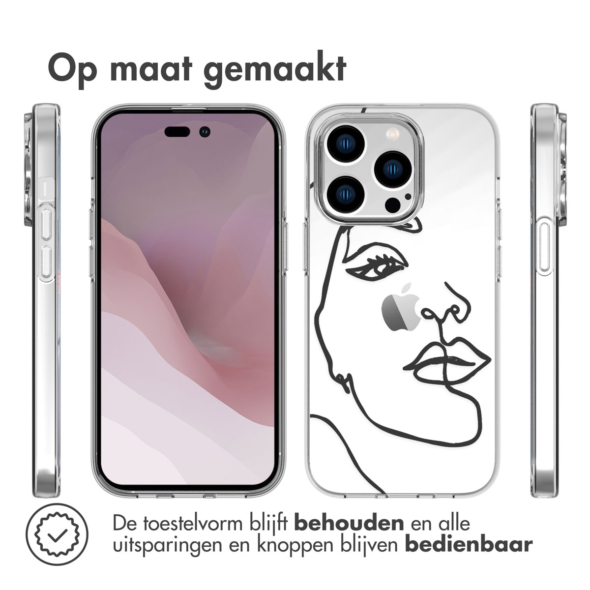 Un telefono con un design di volto astratto in una custodia trasparente. Lo sfondo è bianco.