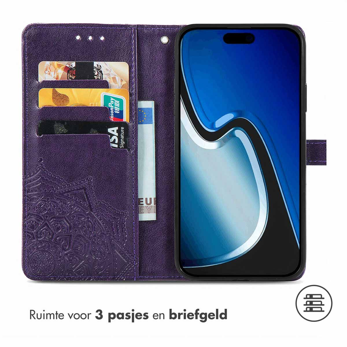 IMOSHION Mandala Bookcase geschikt voor iPhone 15 Phone case for Apple iPhone 15 Purple
