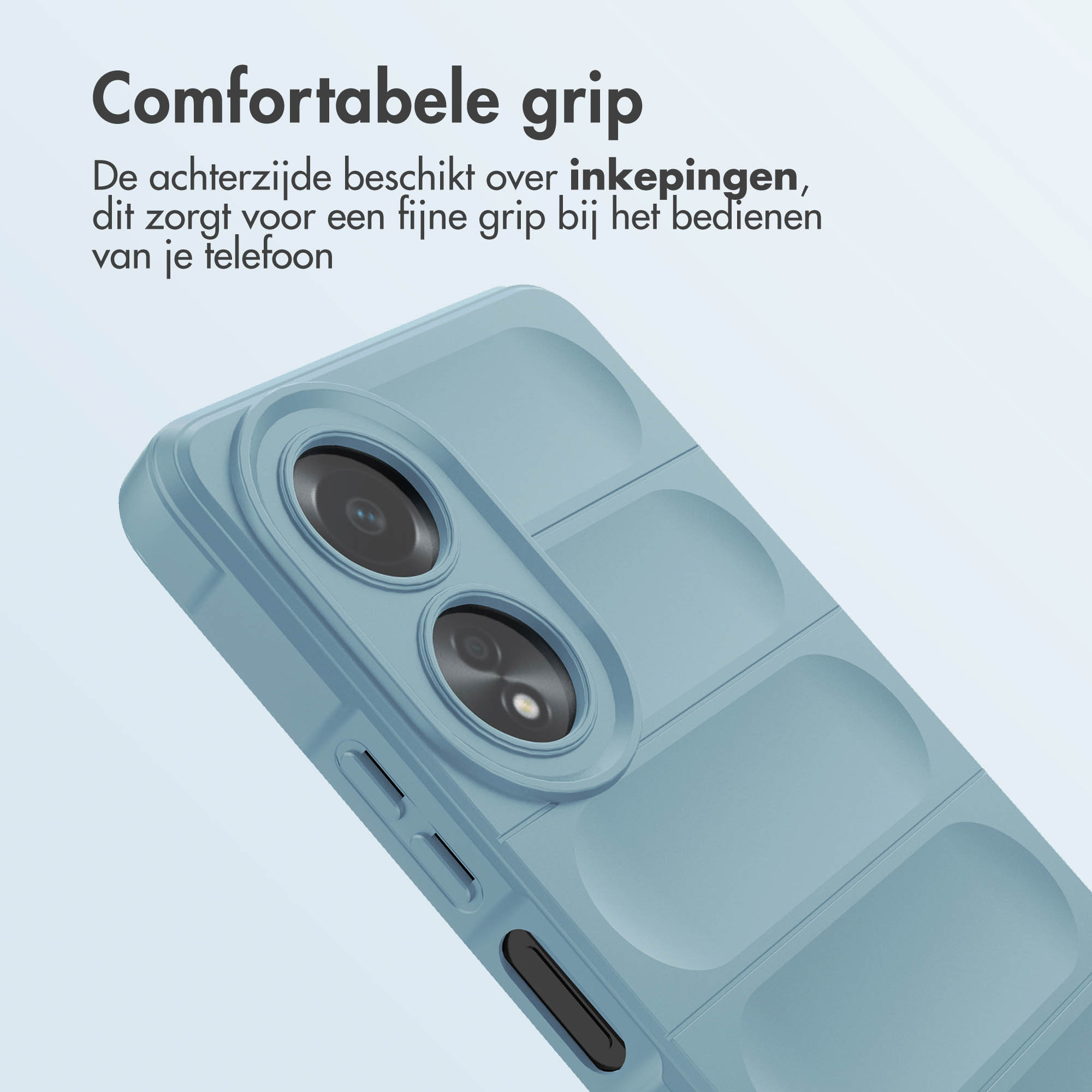 Blauw telefoonhoesje, getextureerd oppervlak, close-up.