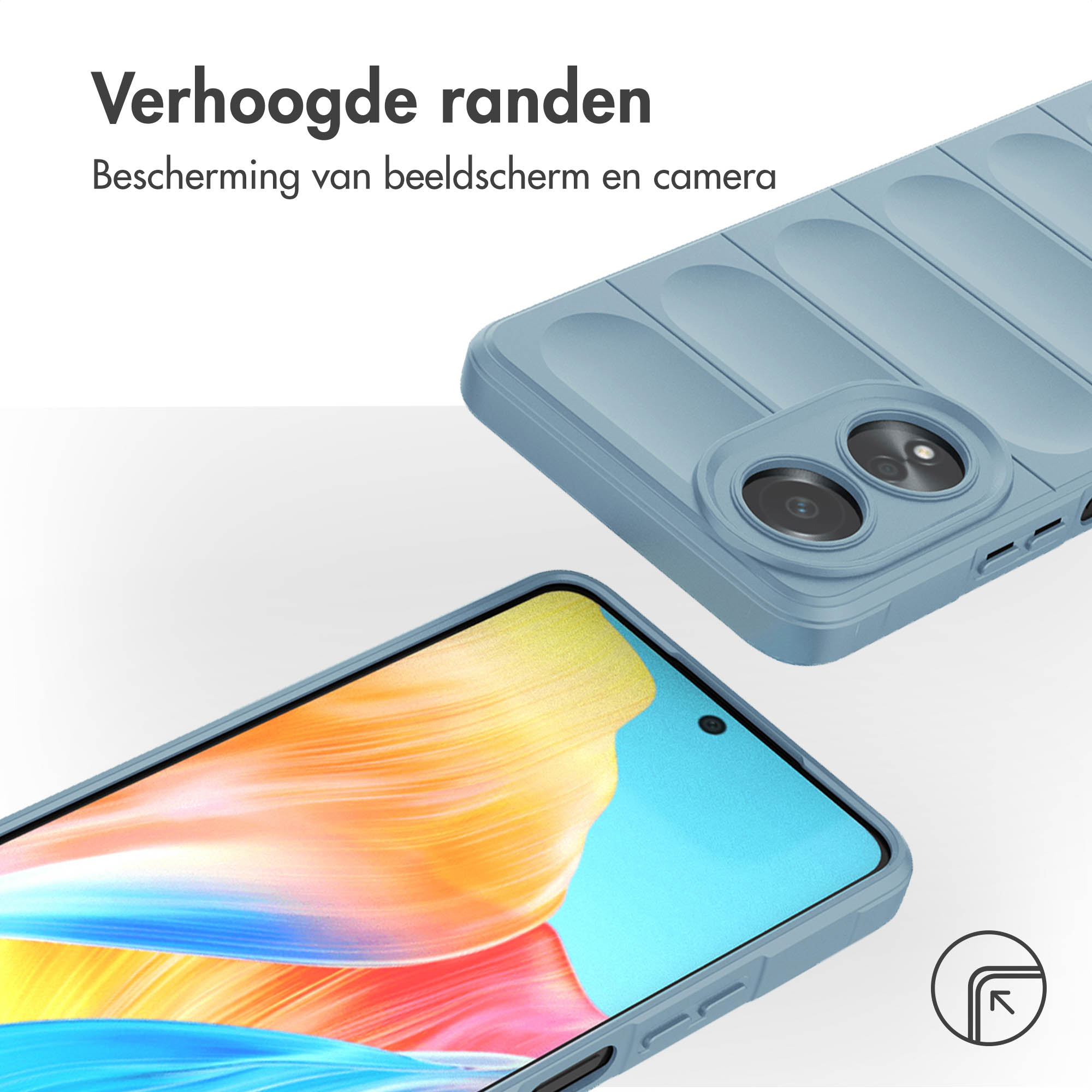 Blauwe telefoonhoes met telefoon, met zij- en bovenaanzicht. Witte achtergrond.