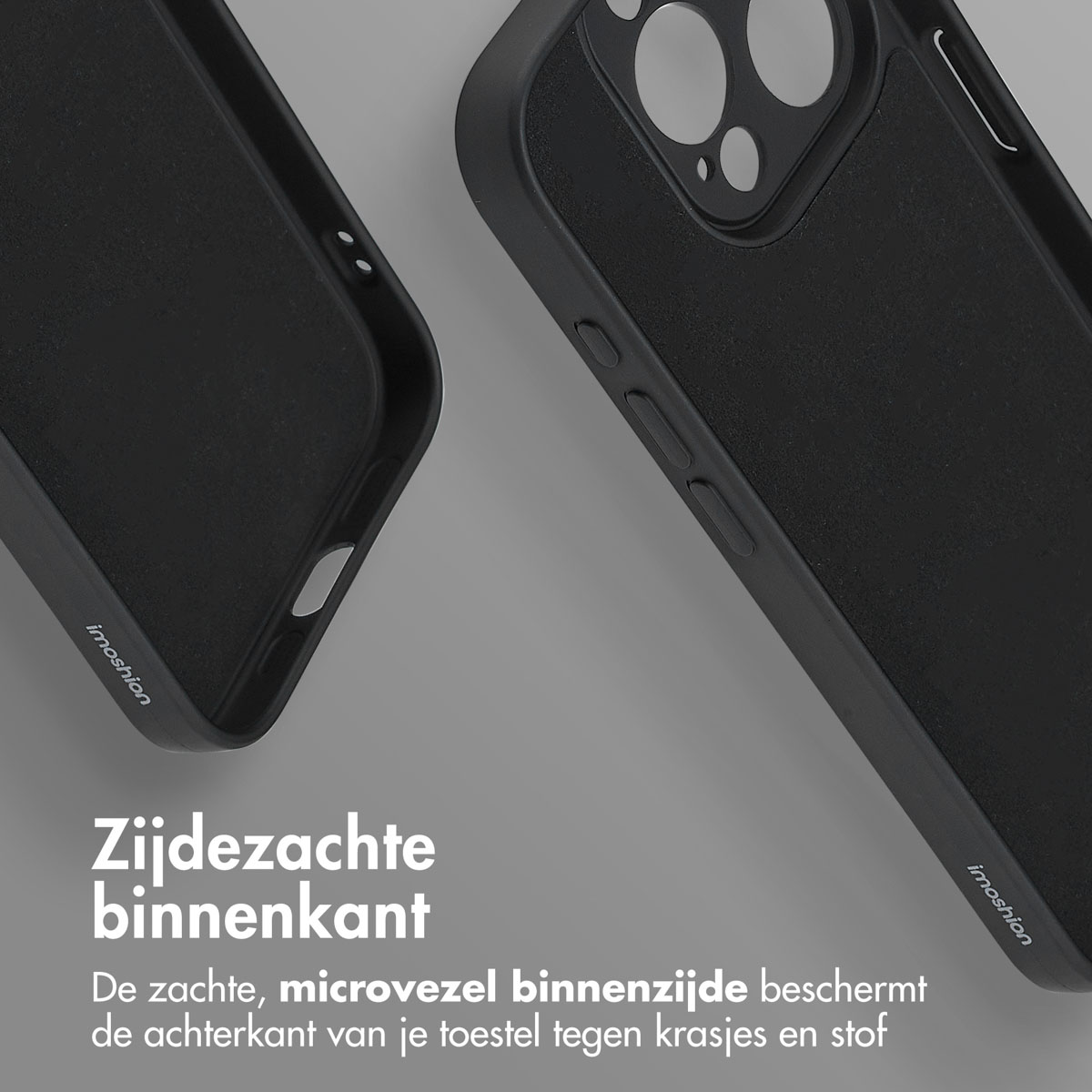 Zwarte telefoonhoes met zachte microvezel binnenkant, toont de merknaam.