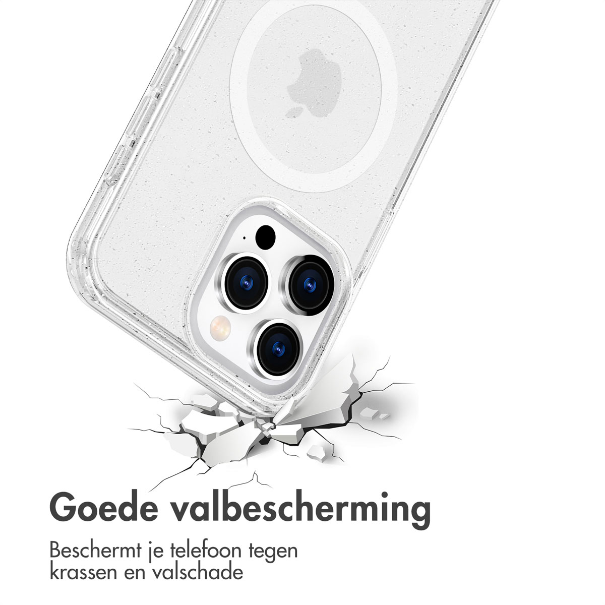 Telefoon in hoes, valt. Hoes beschermt telefoon. Tekst: Goede valbescherming.