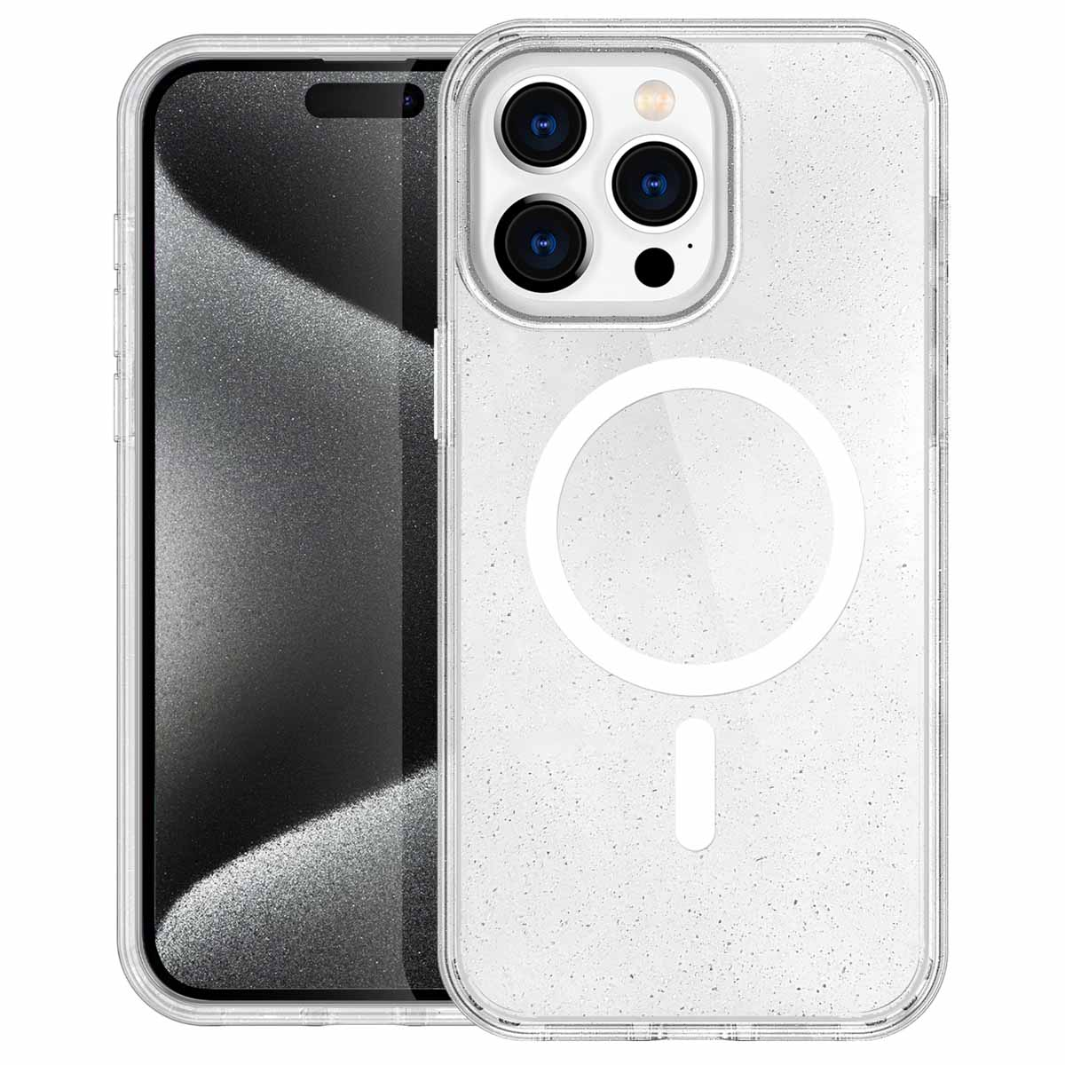 Transparant telefoonhoesje op een telefoon. De case heeft een MagSafe cirkel en drie camera's.