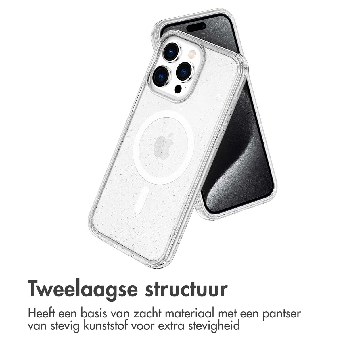 Transparante telefoonhoes op een telefoon. De tekst luidt: 'Twee laags structuur'.