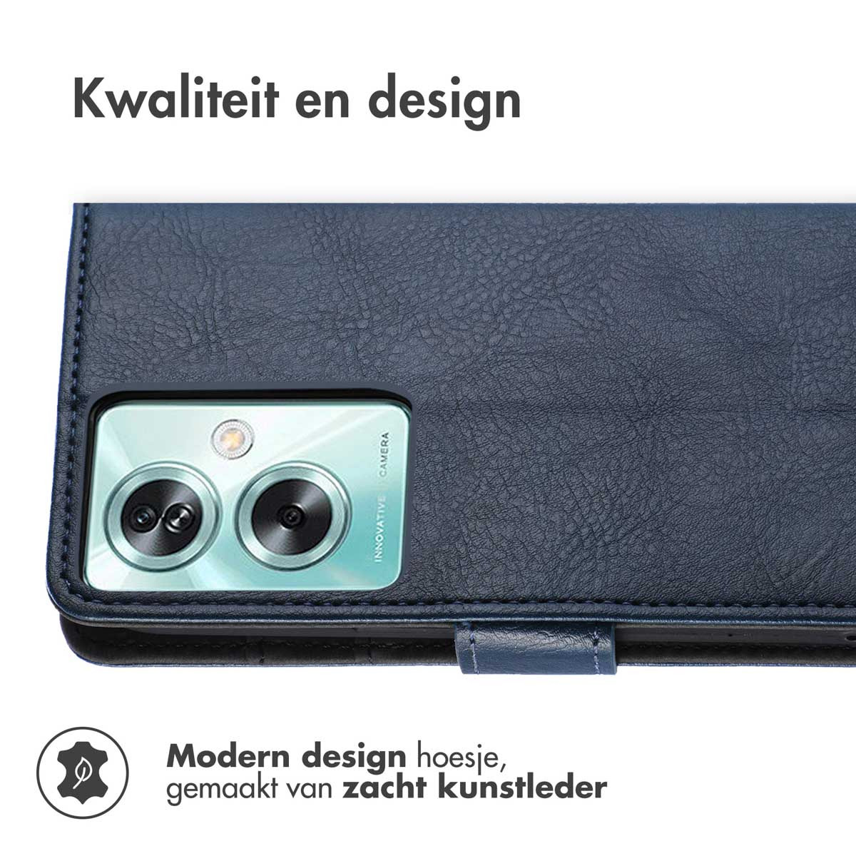 Gros plan sur un étui bleu avec un téléphone. L'étui est en similicuir souple.
